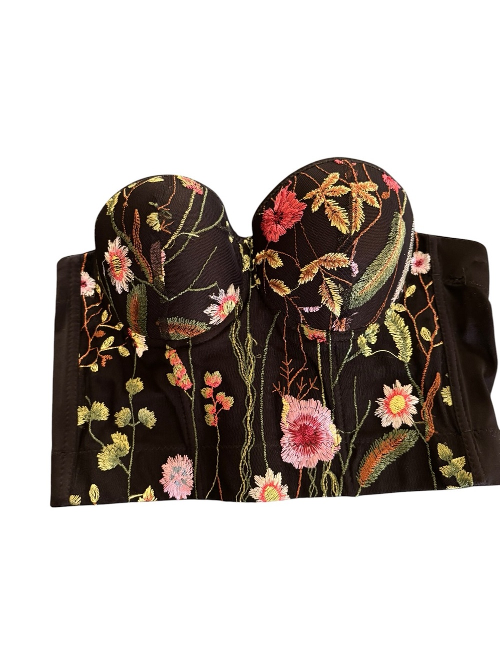 Floral Embroidered Bustier Size S Black/ Pink Green Back Hooks Padded Cups SEXY